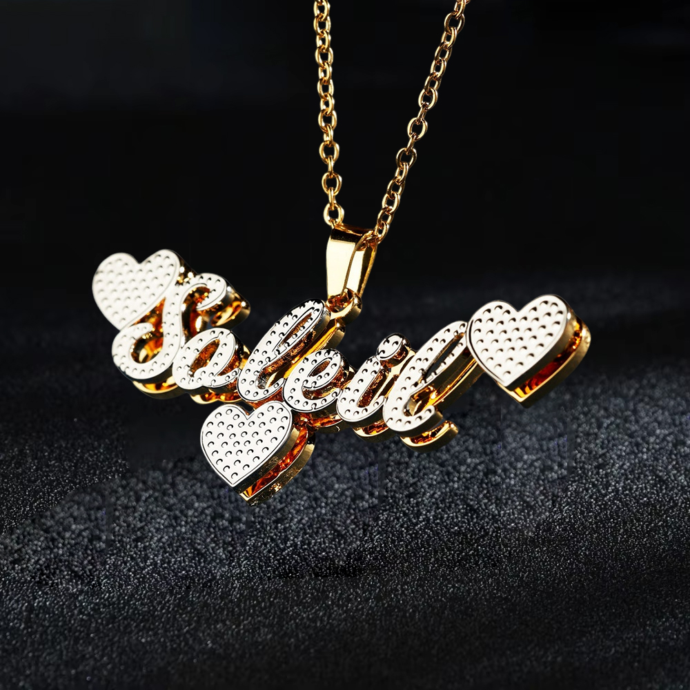 Personalized Double Plated Name Necklace With Three Hearts