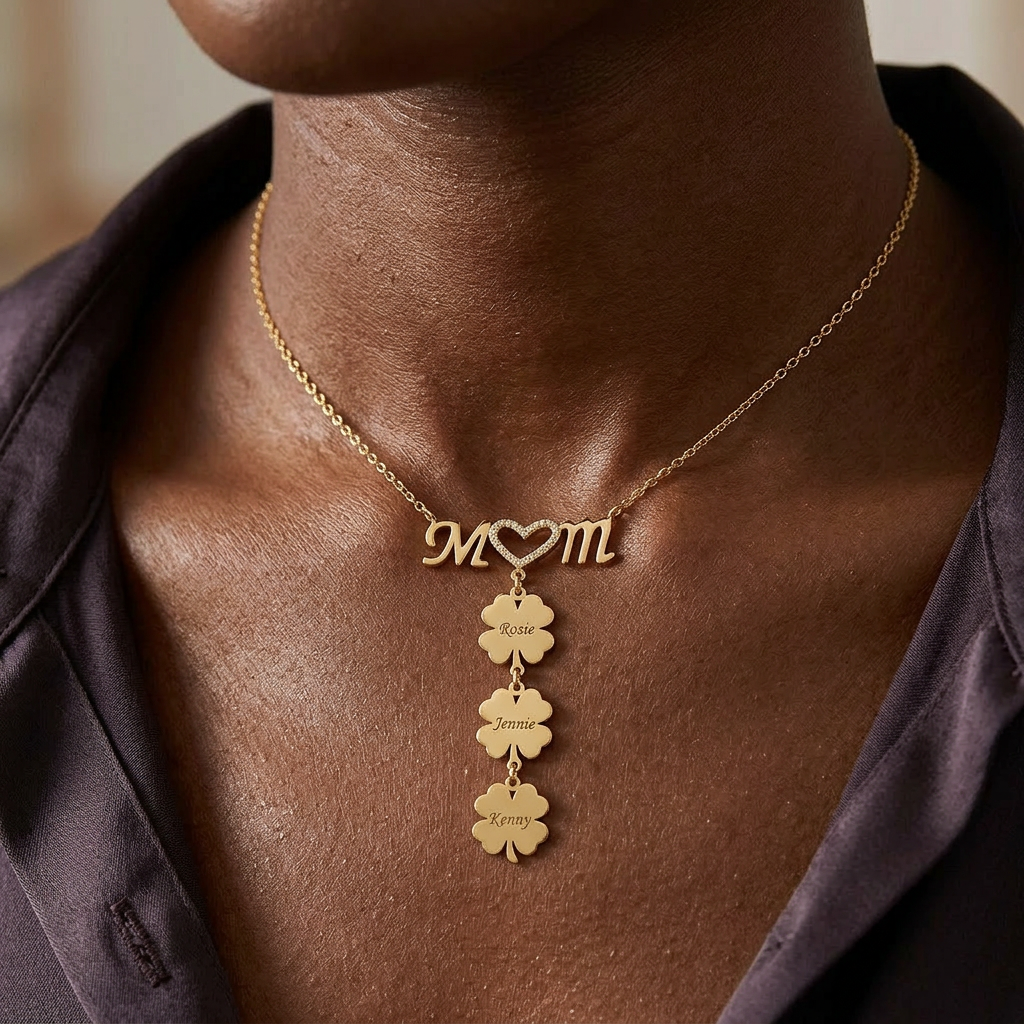 Necklace For Mom Personalized 1-5 Engraved Names Lucky Clovers Necklace