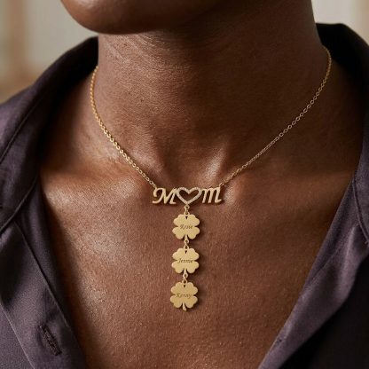 Necklace For Mom Personalized 1-5 Engraved Names Lucky Clovers Necklace