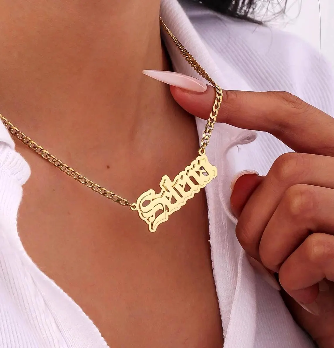 Custom Old English Name Necklace Double Plated Cuban Link Pendant