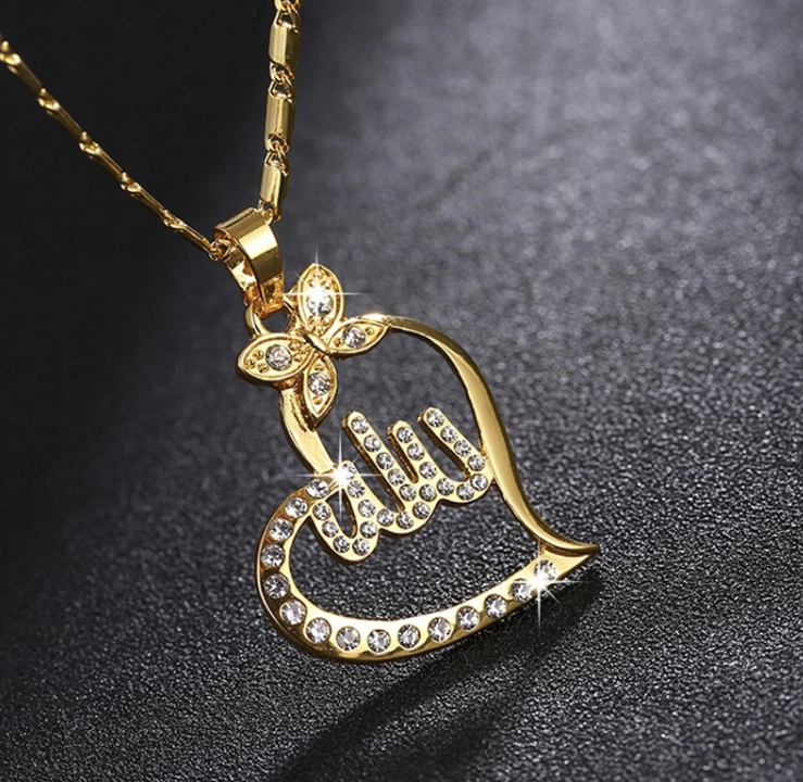 Heart Zircon Necklace Arabic Muslim Islamic Allah Necklace