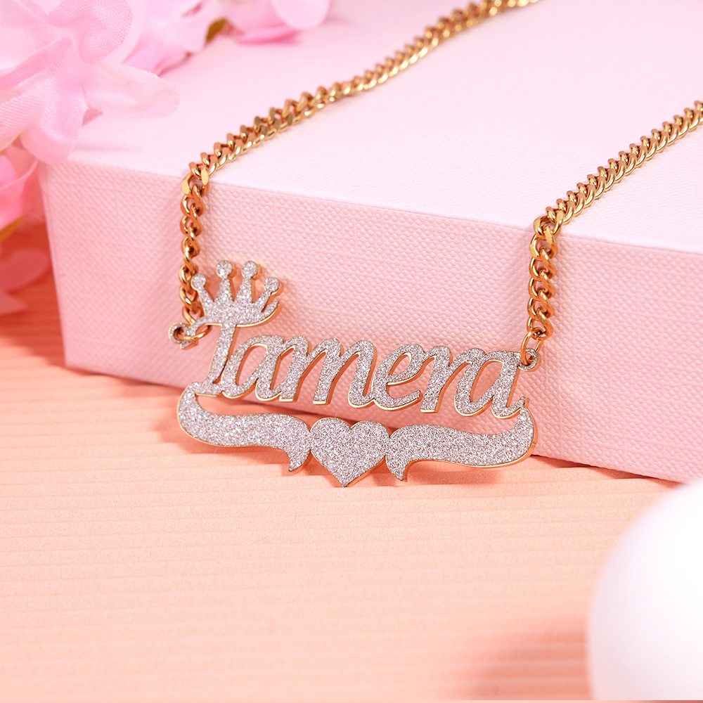 Crown Heart Nameplate Personalized Bling Name Necklace 