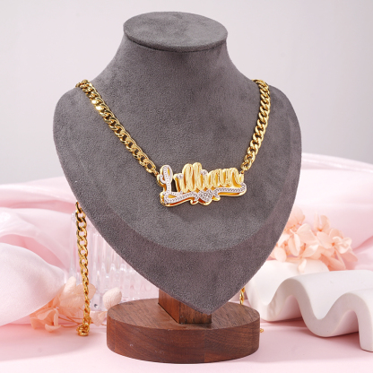 Double Plate Two Tone Heart Nameplate Pendant With Cuban Chain Personalized Name Necklace