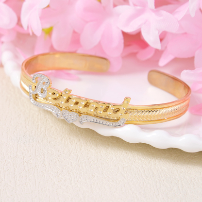Personalized Two Tone Heart Nameplate Cuff Bangle Custom Name Bracelets