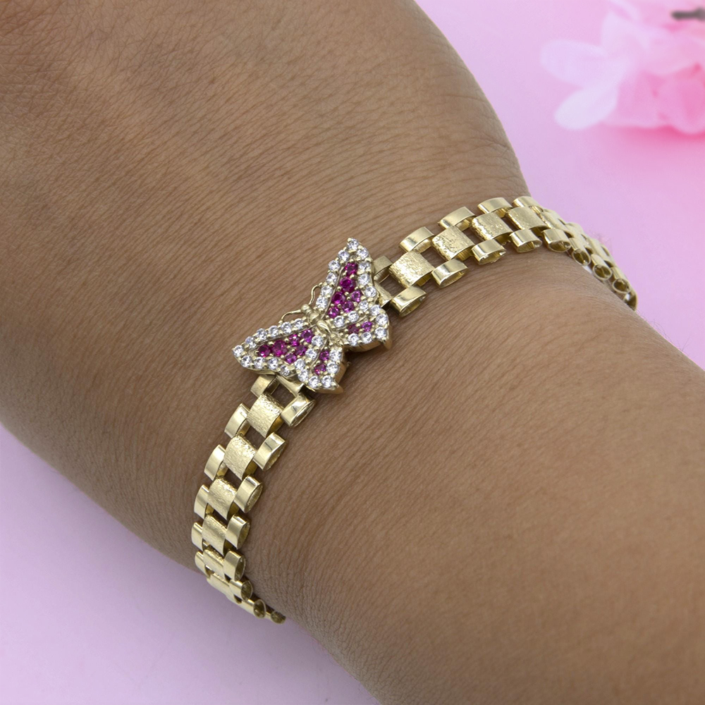 CZ Pink Butterfly Watch Band Chain Gold Plated RX Bracelet