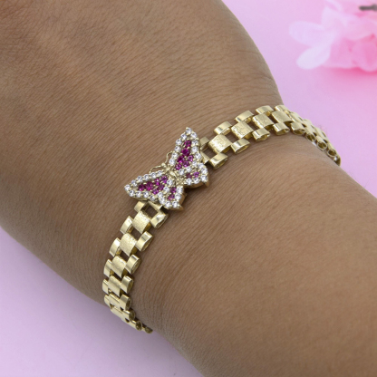 CZ Pink Butterfly Watch Band Chain Gold Plated RX Bracelet