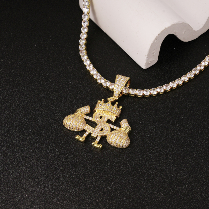 Iced Diamond Money Bag Crown Charm Pendant Gold Plated Necklace