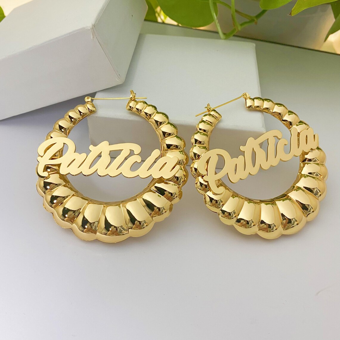 Custom Chunky Bamboo Hoop Earrings with Nameplate