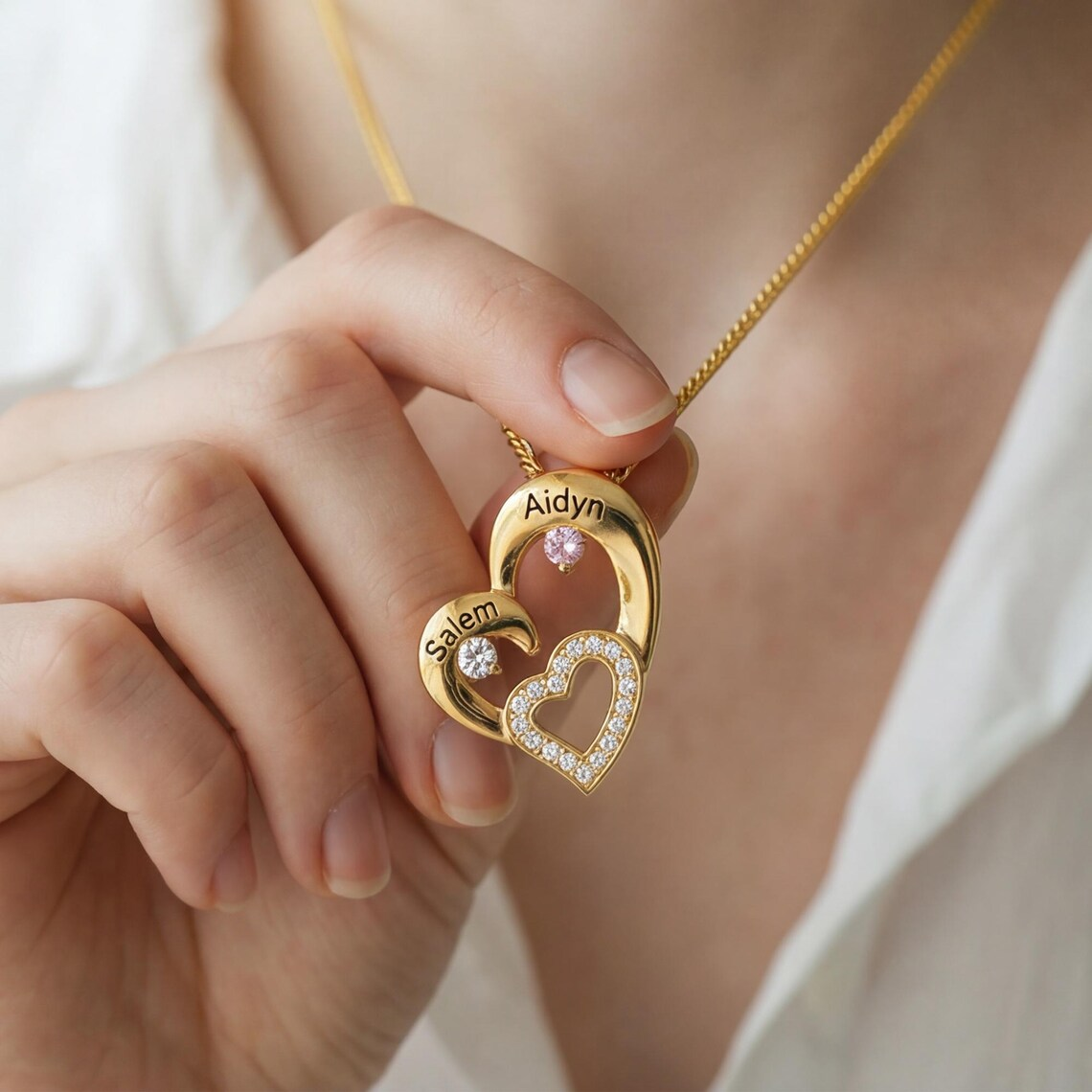 Custom Zirconia Heart Pendant with Two Engraved Names and Birthstones Necklace