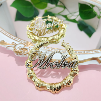 Custom Zirconia Nameplate Earrings Bamboo Earrings Gold Plated