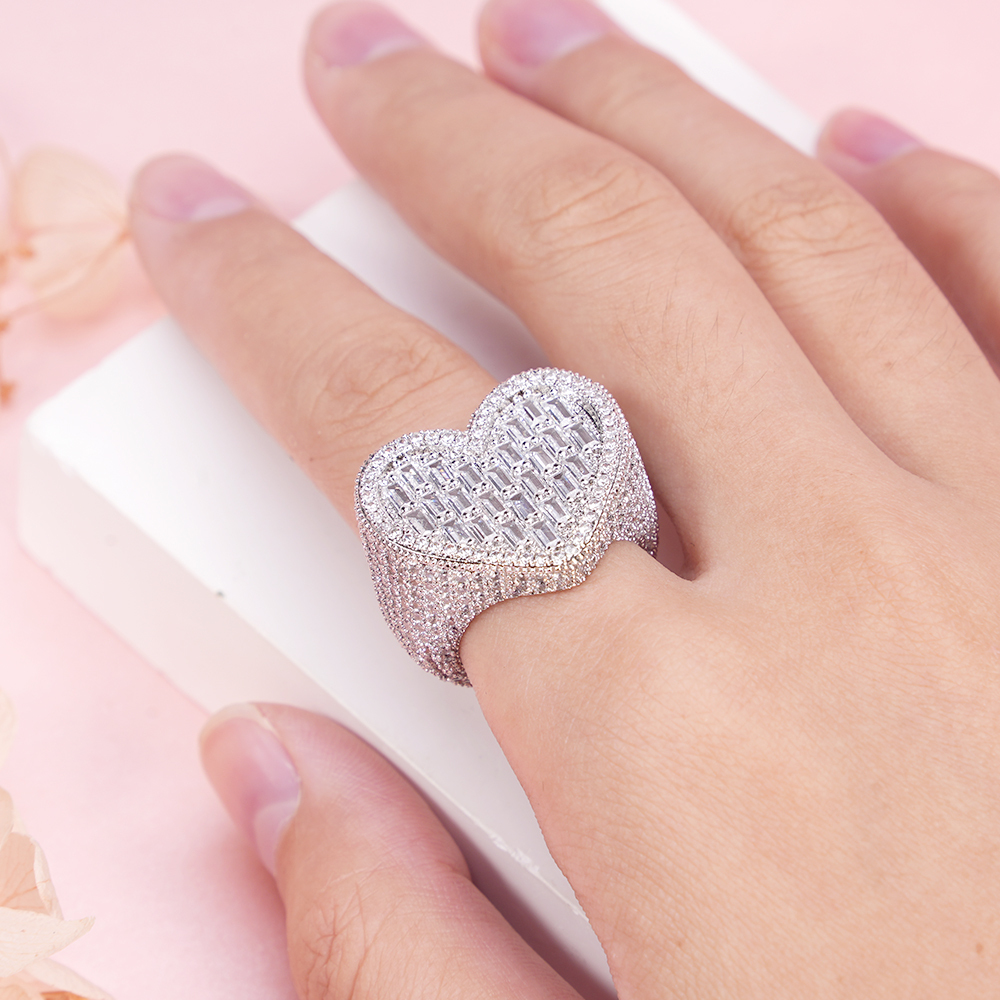 Love Heart Iced Out Diamond Baguette Heart Ring Gold Plated Cubic Zircon Ring Hip Hop Style