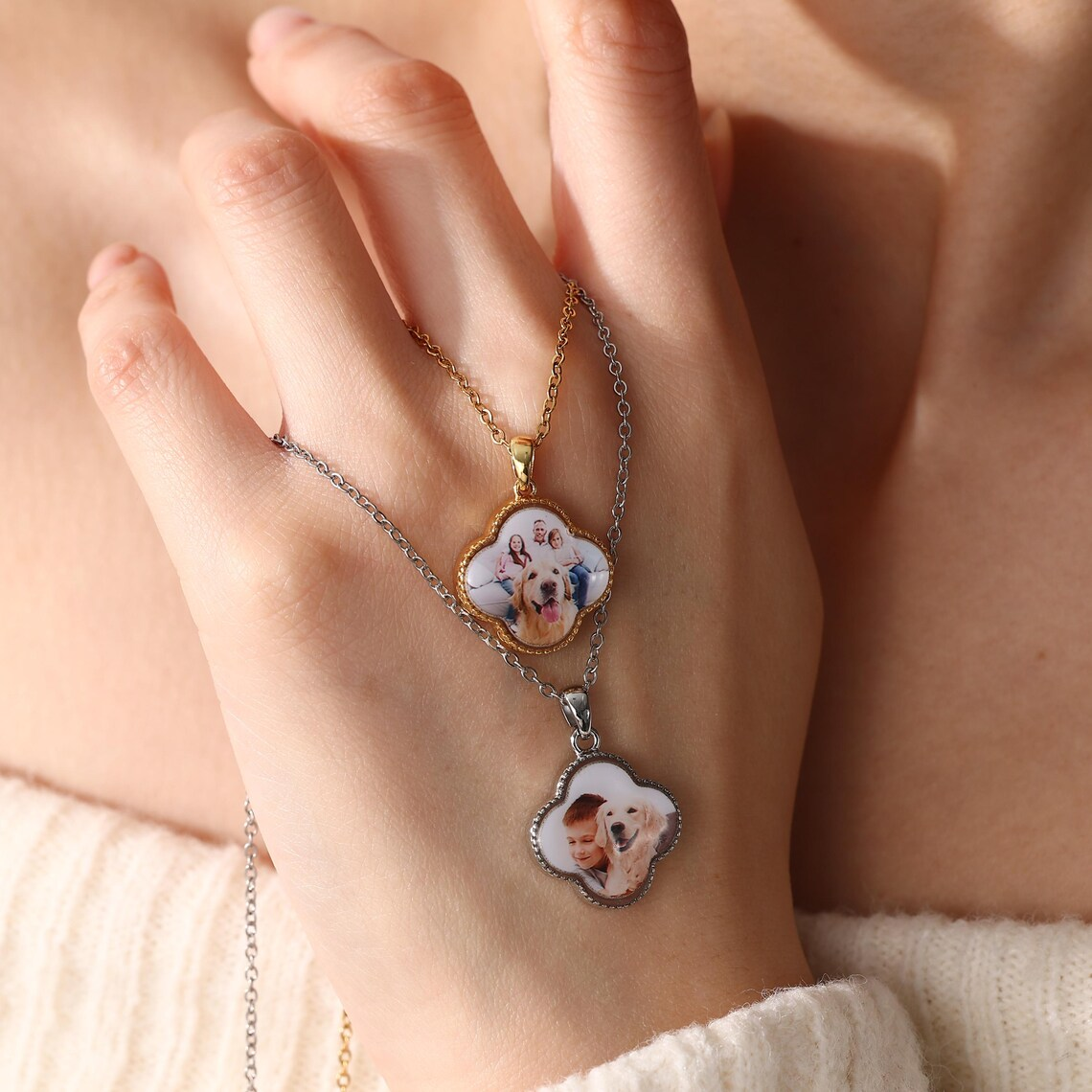 Custom Lucky Clover Photo Pendant Necklace Family Memorial Jewelry