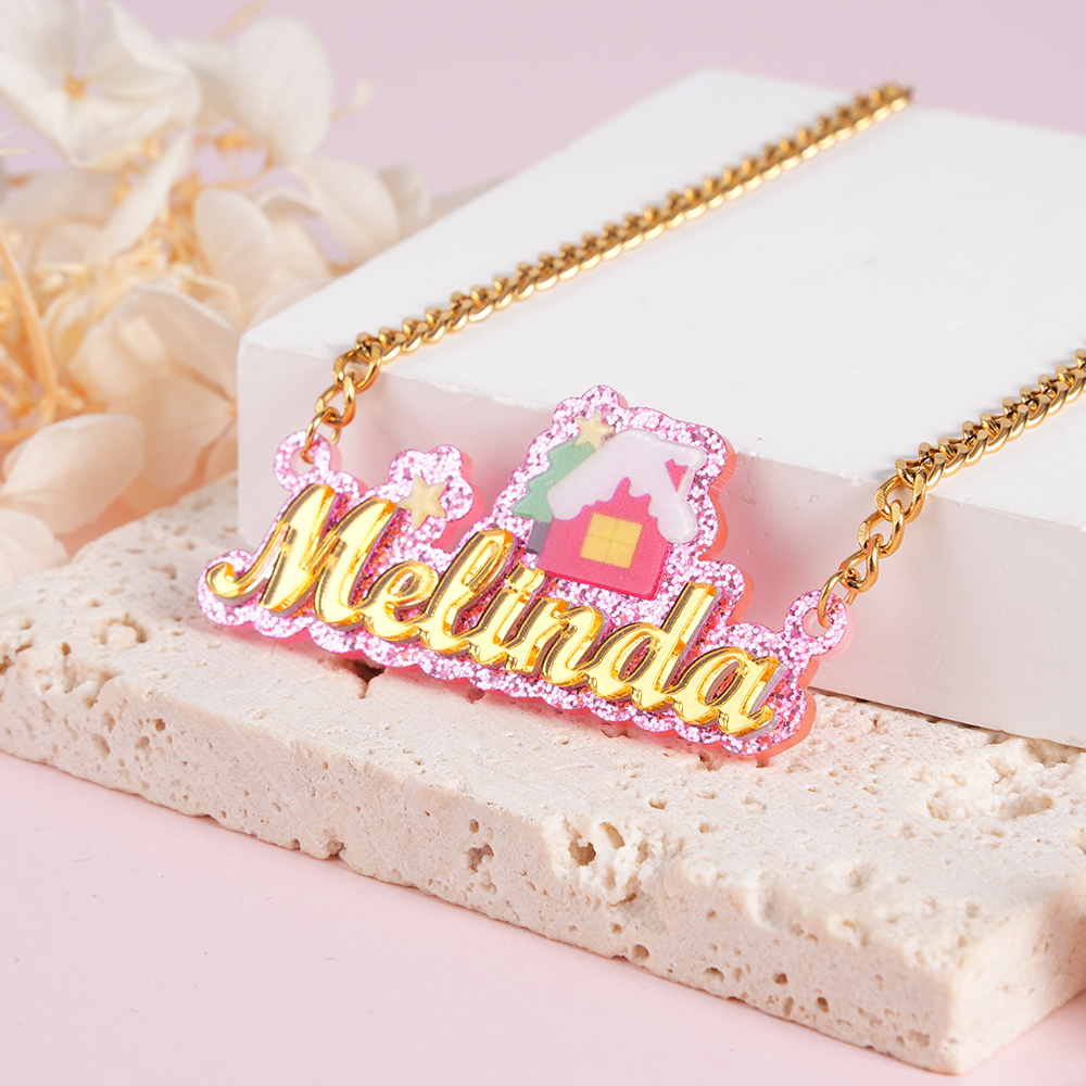 Cute Christmas House Acrylic Cuban Chain Personalized Name Necklace