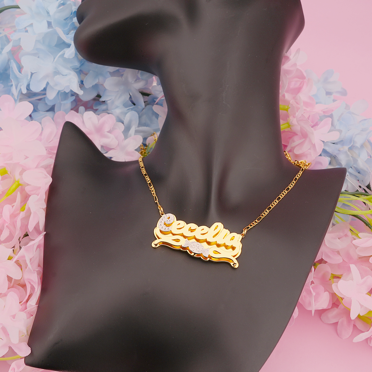 Double Layer Two Tone Candy Nameplate Personalized Custom Name Necklace 