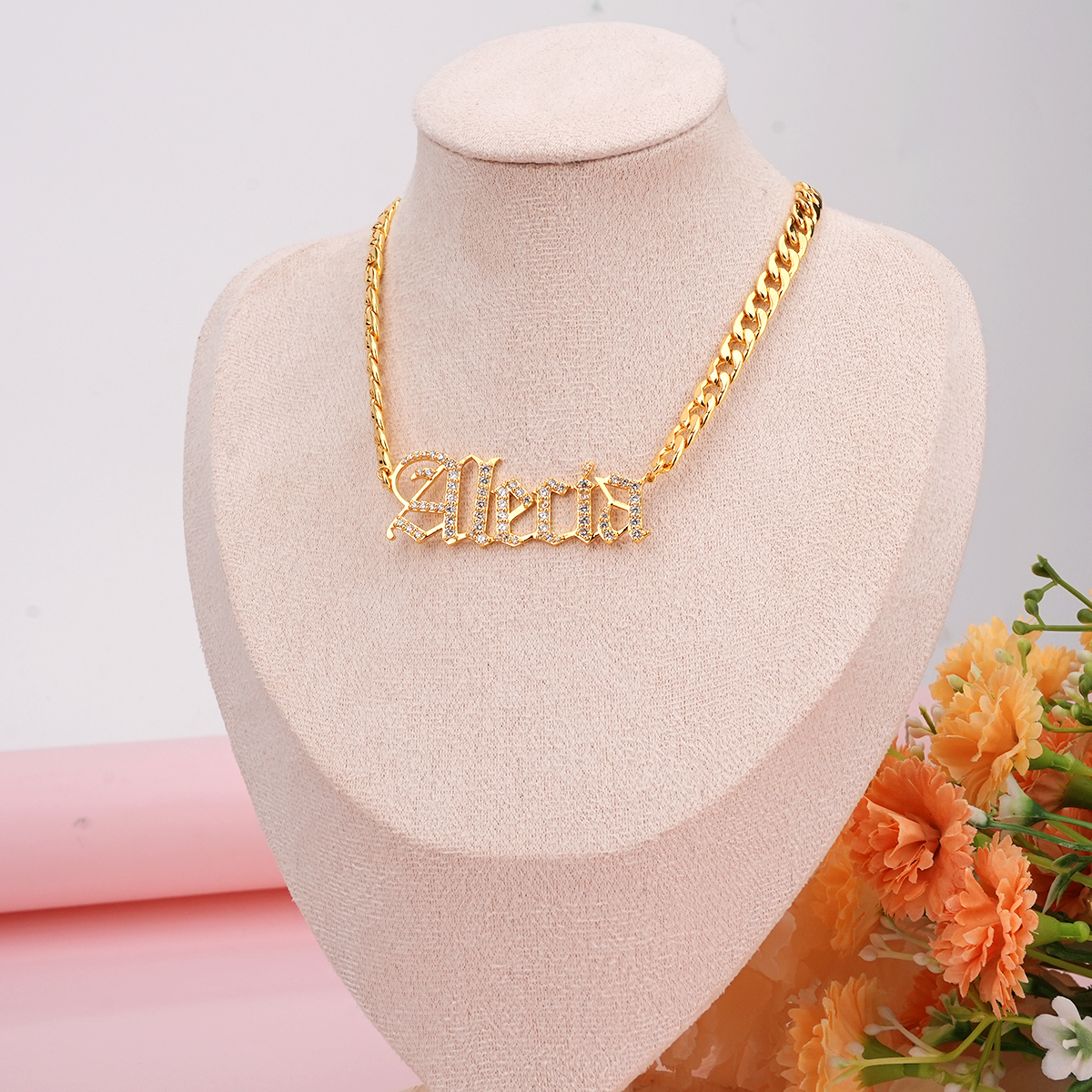Curb Chain Old English Font Custom Personalized Zircon Name Necklace