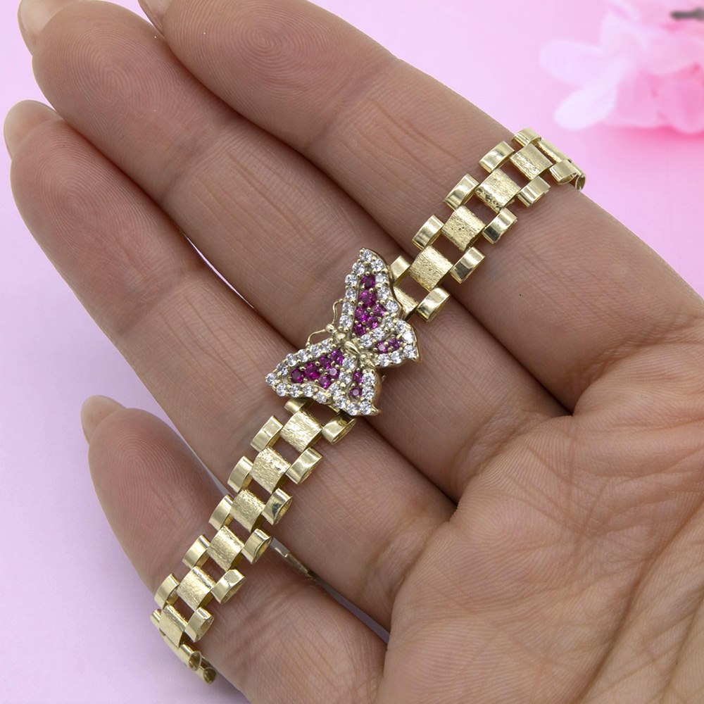 CZ Pink Butterfly Watch Band Chain Gold Plated RX Bracelet