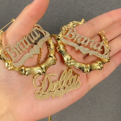 Bling Nameplate with Heart Personalized Necklace Bamboo Earrings Set