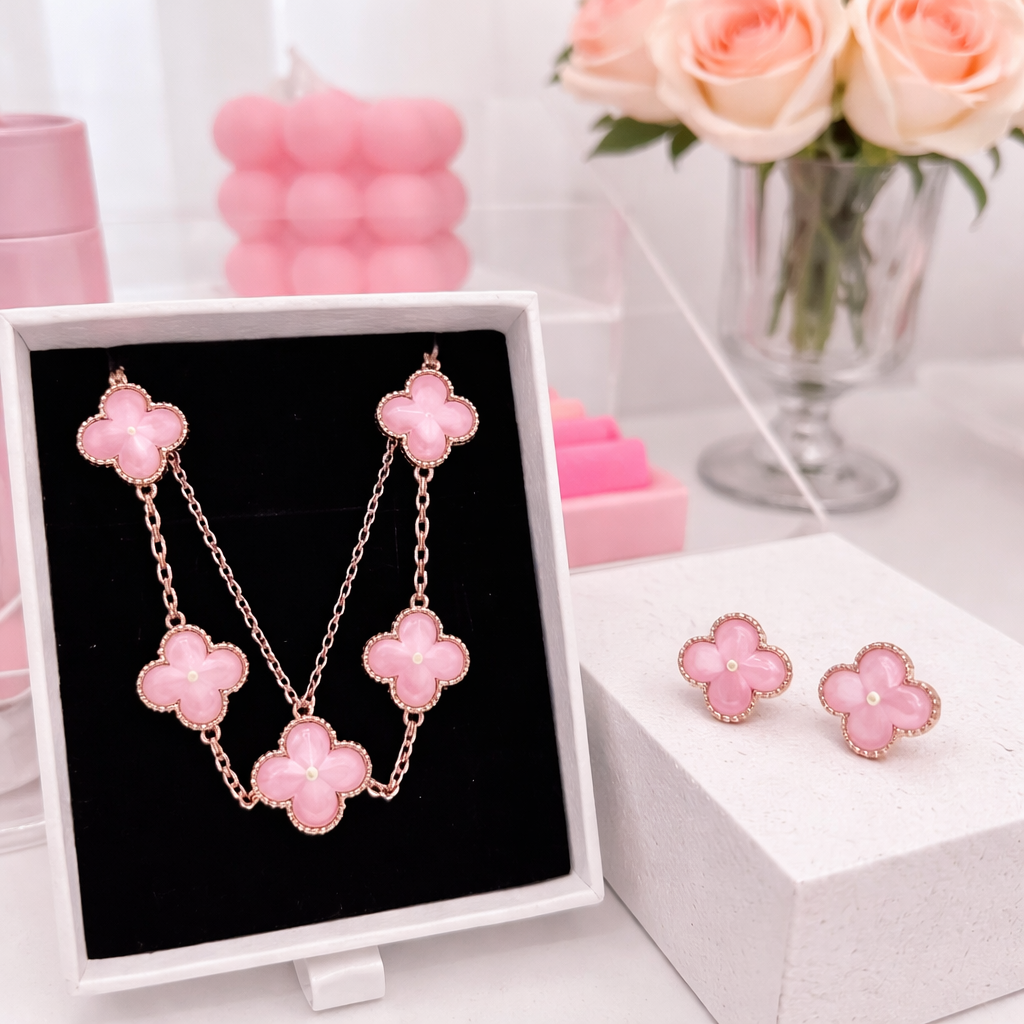 Gold Plated Pink Four Leaf Clover Set