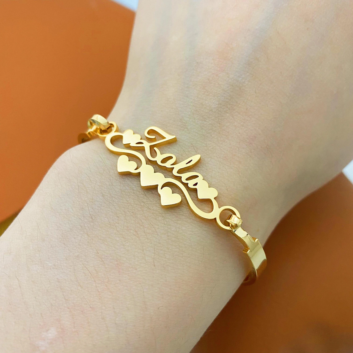 Custom Nameplate with Hearts Cuff Bangle Gold Plated