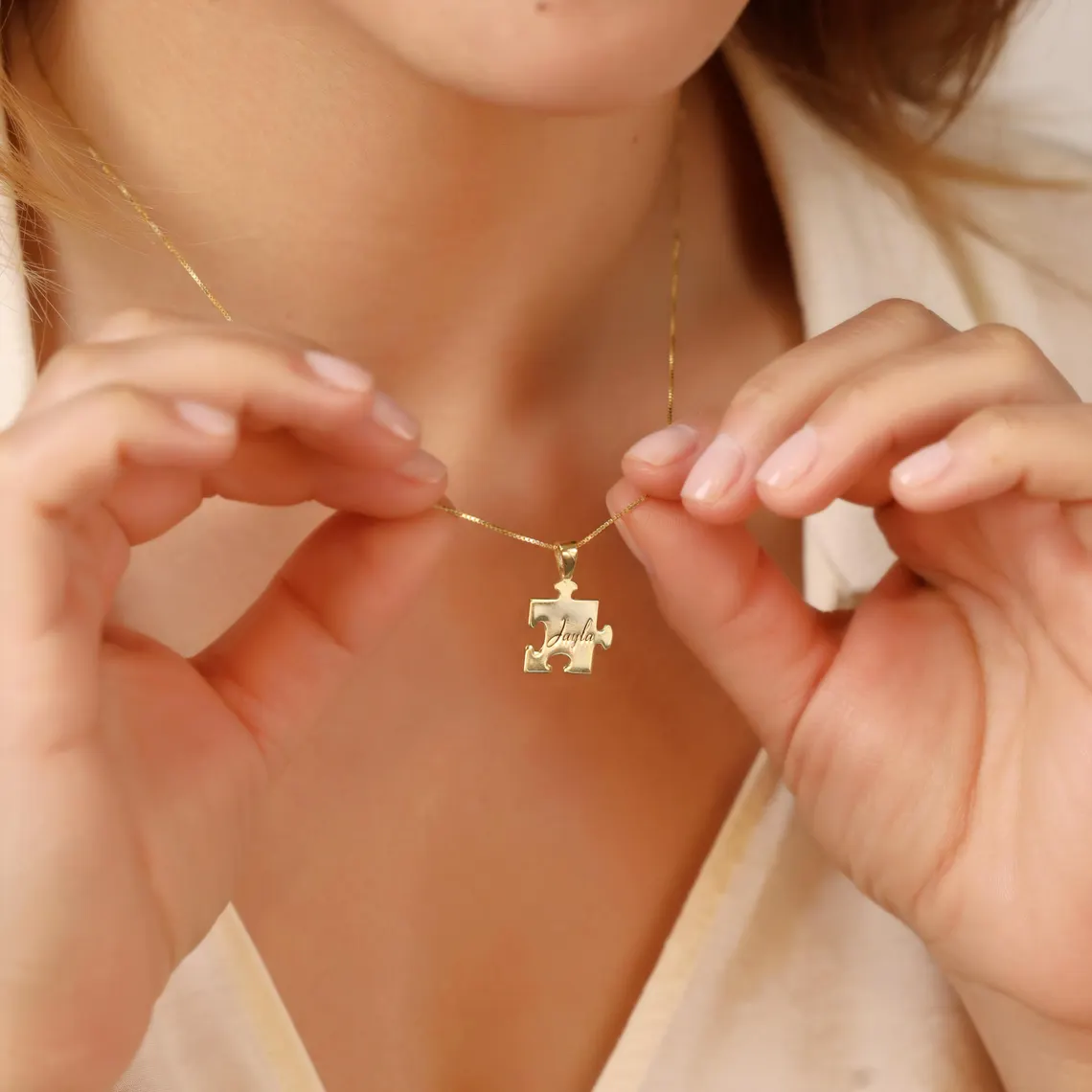 Personalized Puzzle Piece Pendant Necklace with Engraved Name