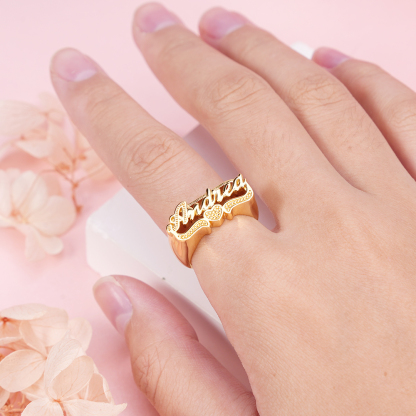 Two Tone Nameplate with Heart Personalized Custom Gold Plated Name Ring