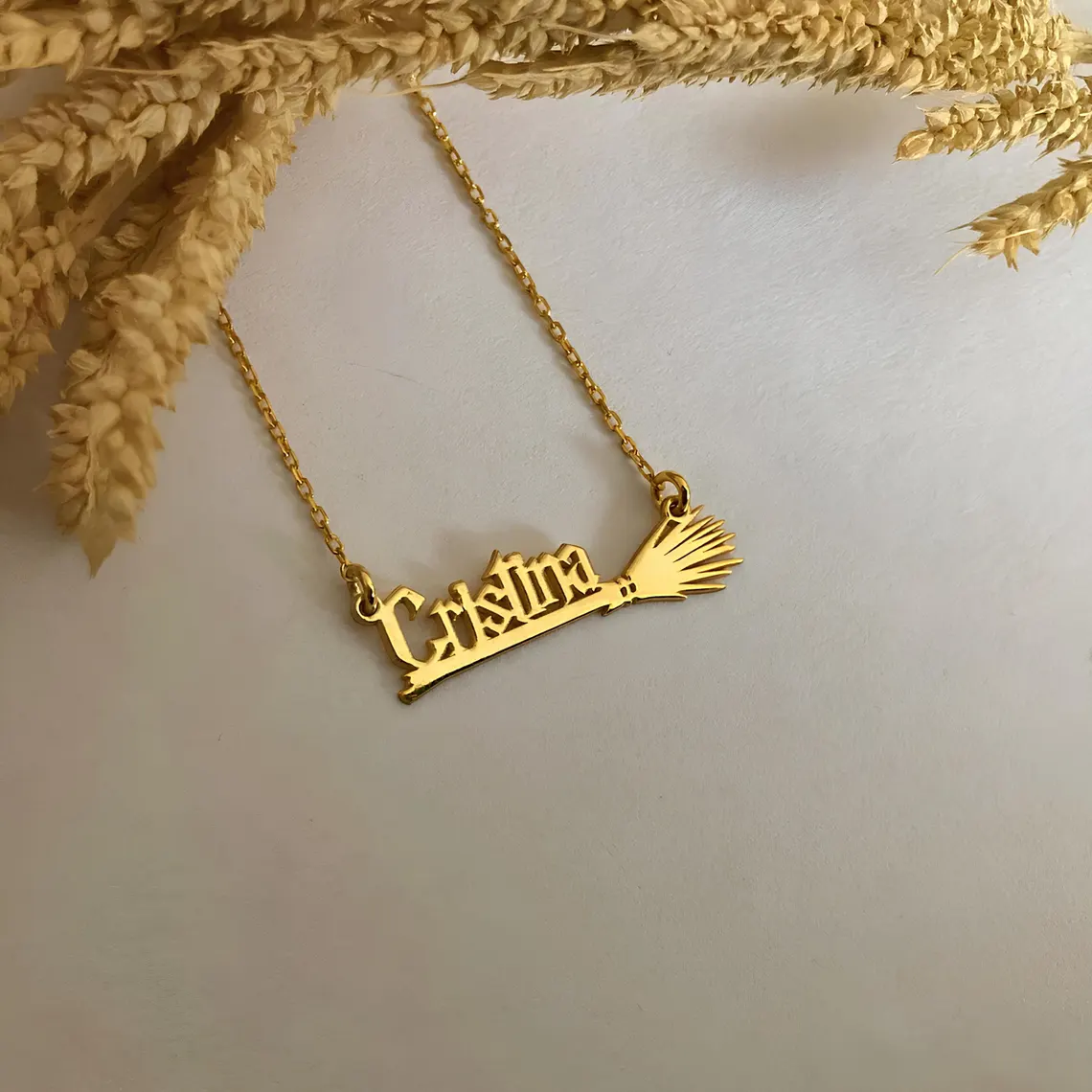 Personalized Halloween Gold Plated Magic Witch Broom Name Necklace