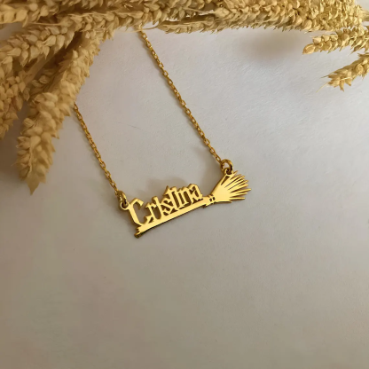 Personalized Halloween Gold Plated Magic Witch Broom Name Necklace