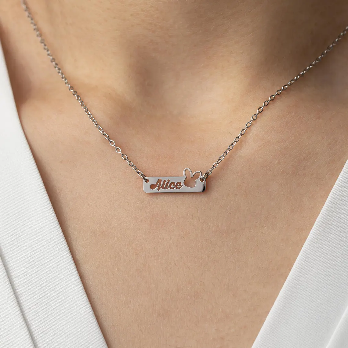 Hollow Bunny Rabbit Personalized Heart Name Bar Necklace Easter Gift