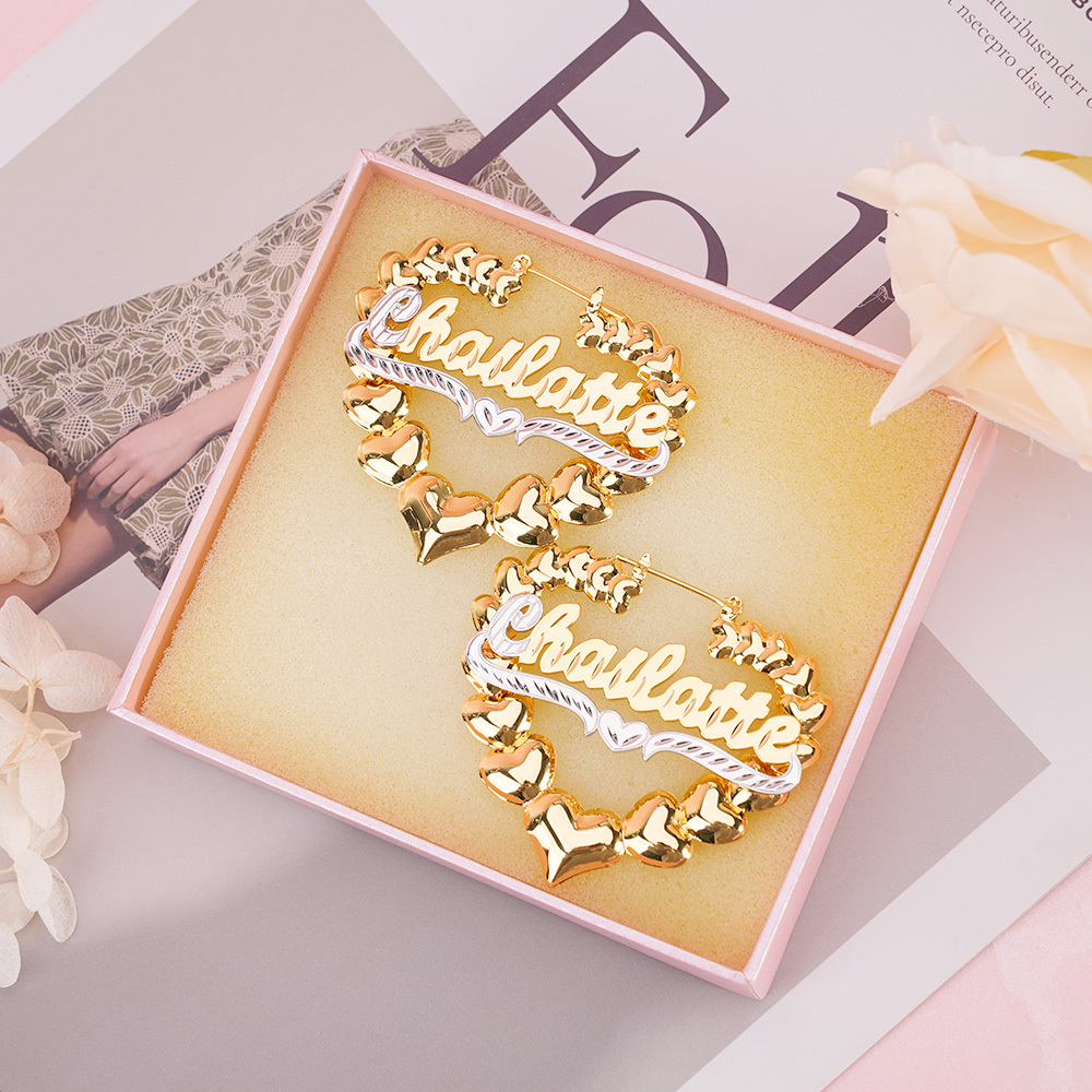 Two Tone Heart Nameplate Personalized Name Earrings