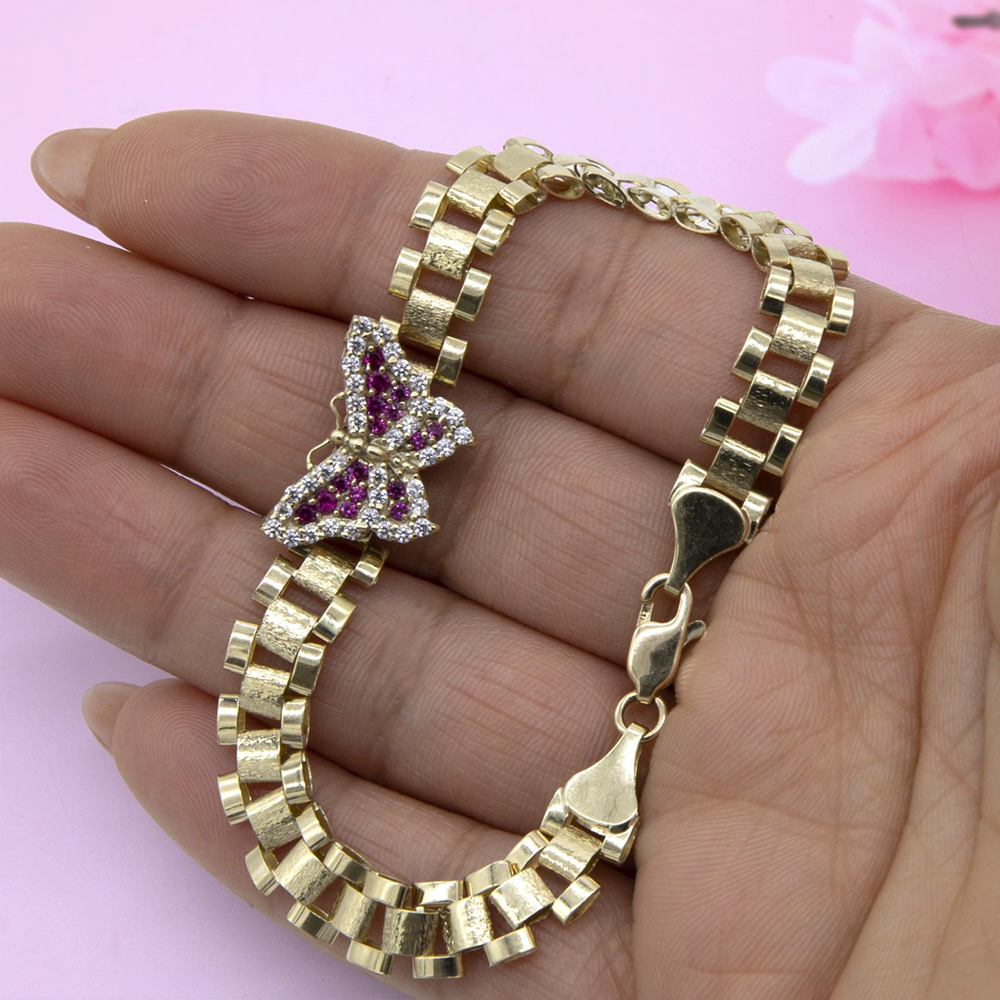 CZ Pink Butterfly Watch Band Chain Gold Plated RX Bracelet
