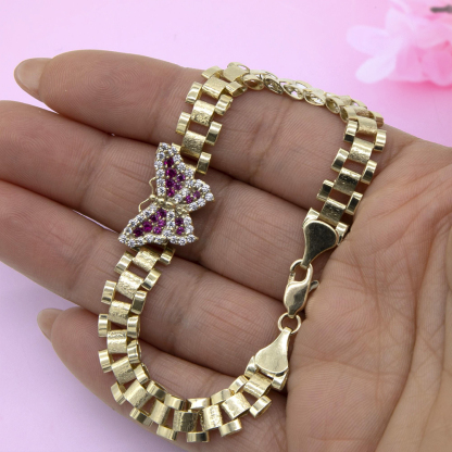 CZ Pink Butterfly Watch Band Chain Gold Plated RX Bracelet