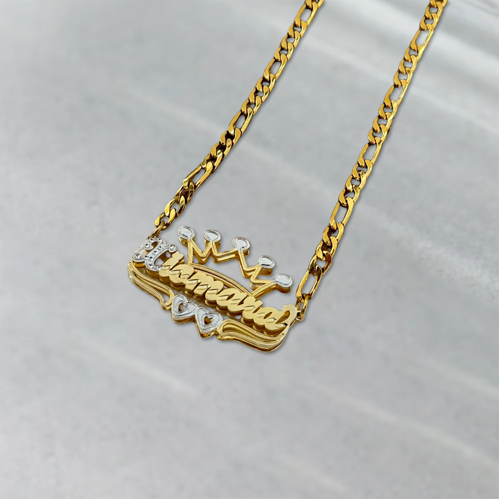 Double Layer Crown Two Hearts Nameplate Custom Name Necklace