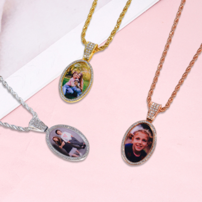 Personalized Sparkling Diamond Oval Photo Necklace