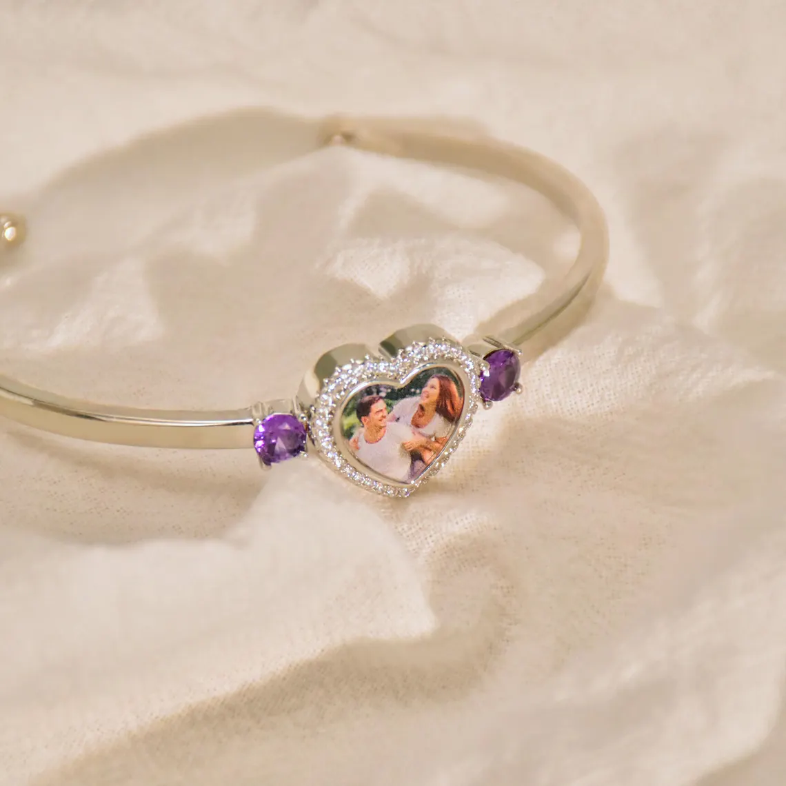 Custom Heart Photo with Two Birthstones Bangle Bracelet