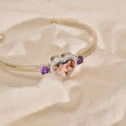 Custom Heart Photo with Two Birthstones Bangle Bracelet