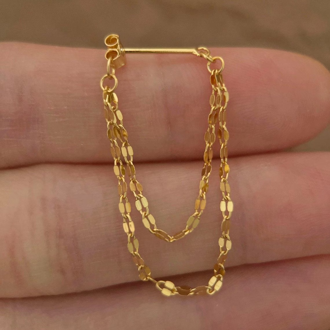 Double Chain Vermeil Sparkle Dainty Drop Chains Dangle Hoop Earrings