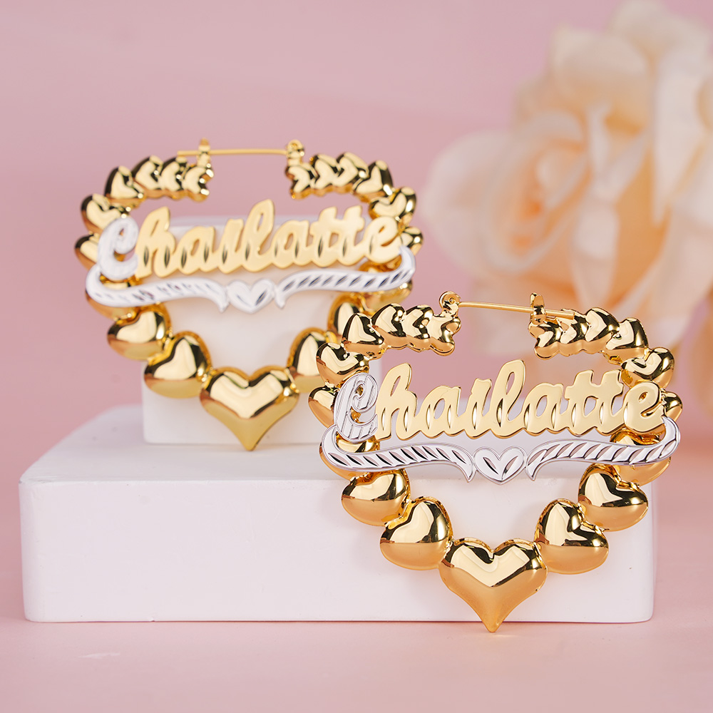Two Tone Heart Nameplate Personalized Name Earrings