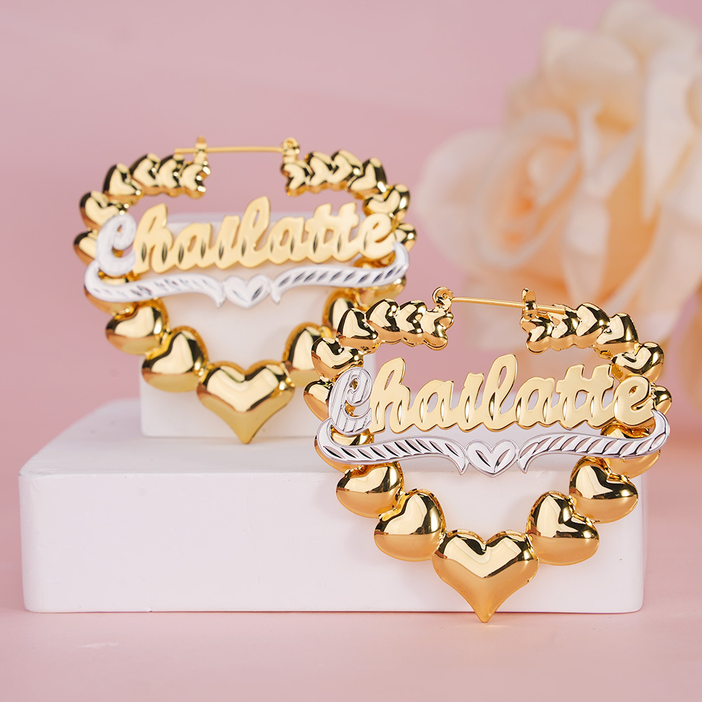Two Tone Double Layer Heart Personalized Name Necklace And Heart Shaped Earrings Jewelry Set