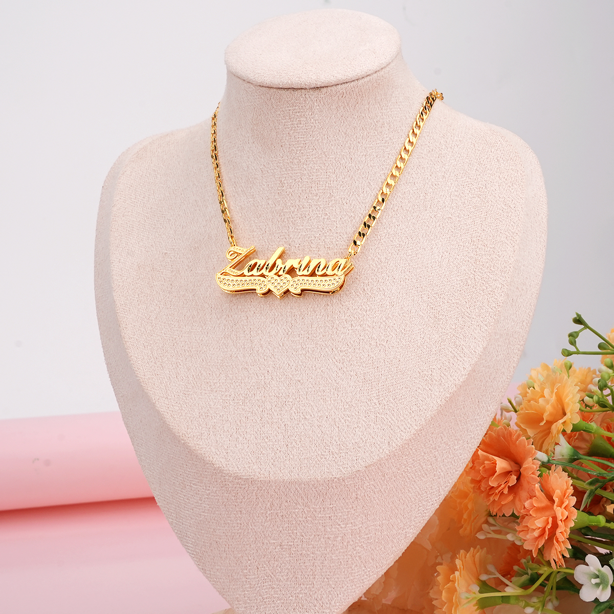Double Layer Dianond Cut Heart Name Personalized Custom Necklace Curb Chain