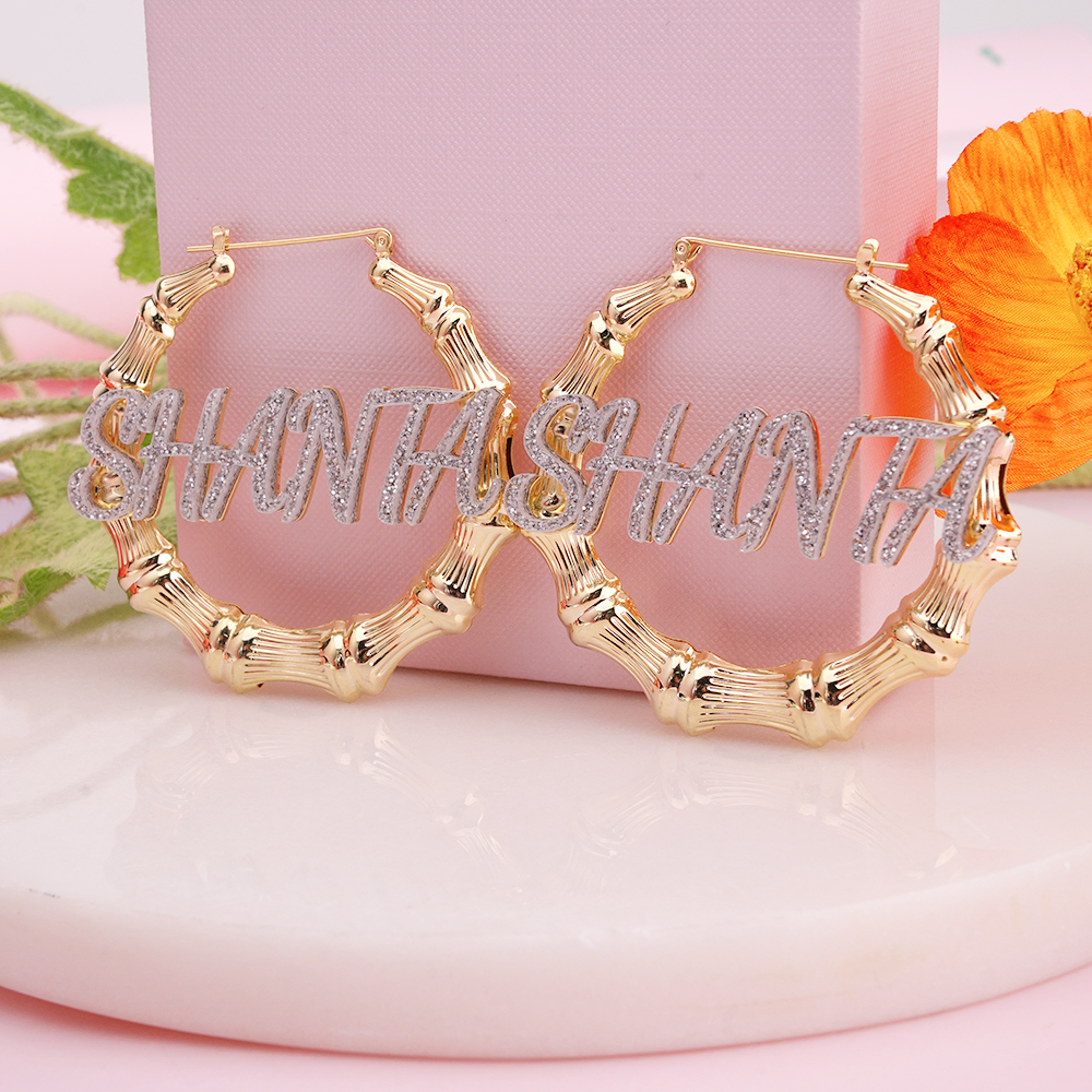60mm Acrylic Nameplated Gold Plated Bamboo Earrings Personalized Name Earrings