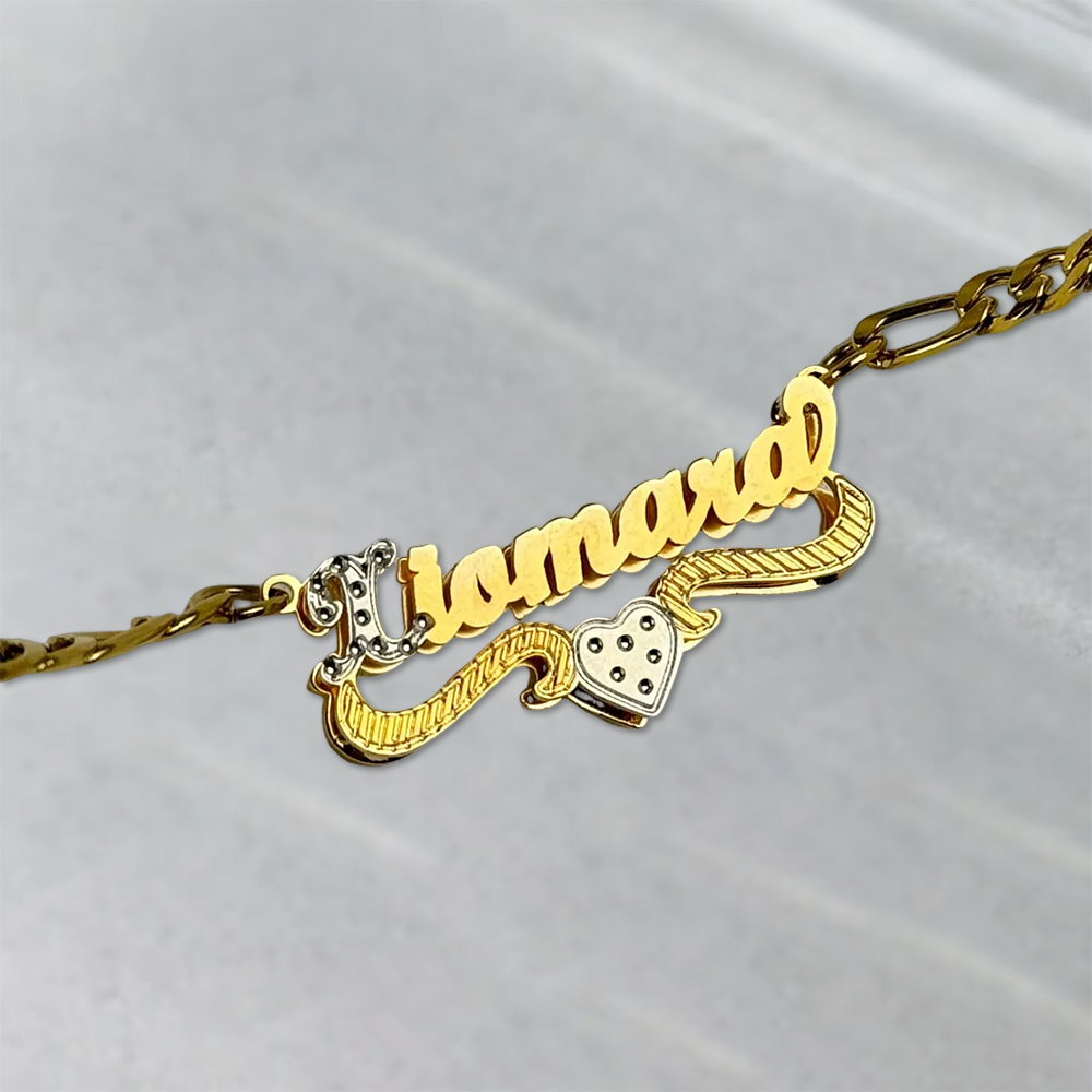 Double Layer Two Tone Heart Nameplate Custom Name Necklace