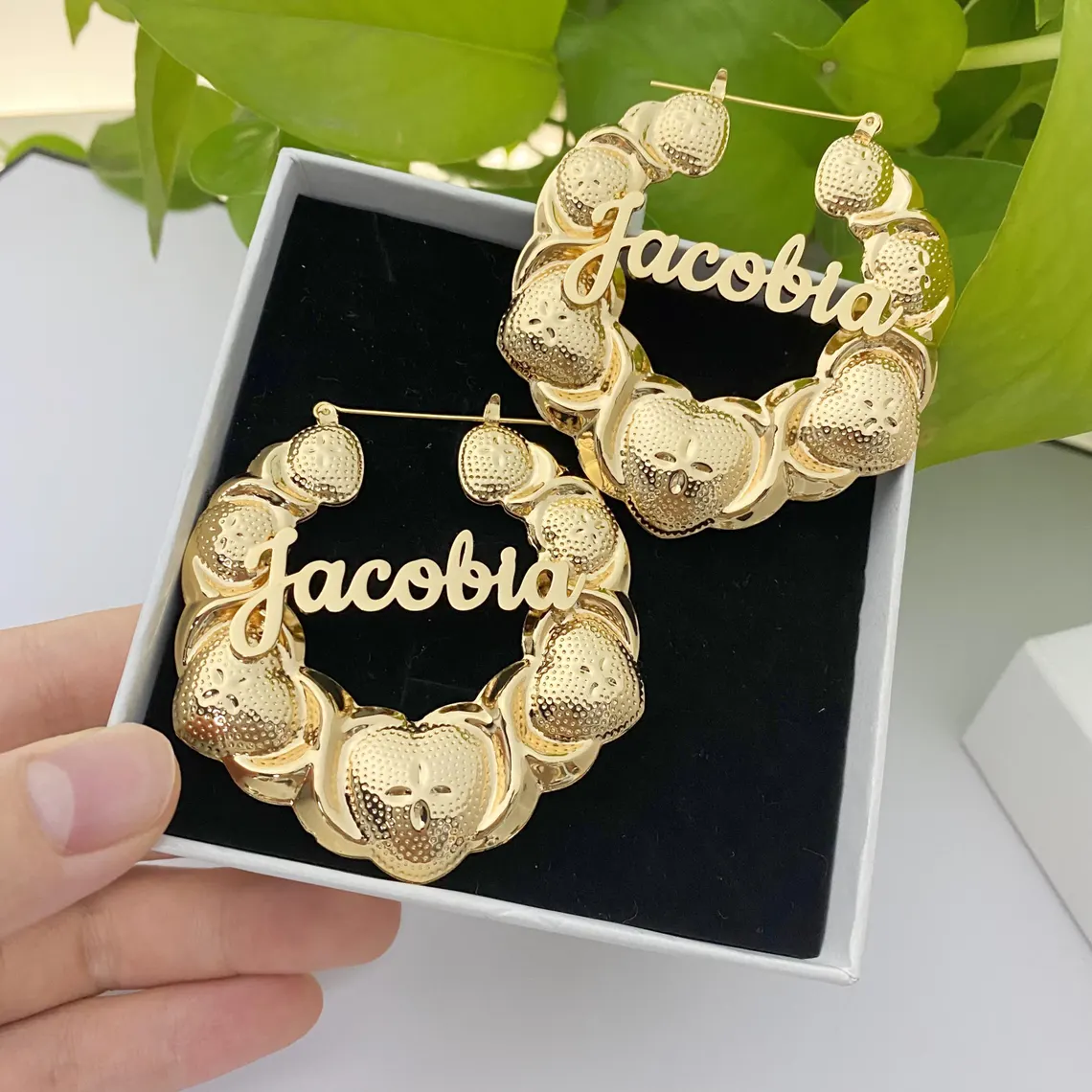 Custom Large Heart Xo Bamboo Name Earrings Gold Plated