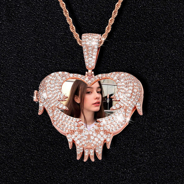 Iced Heart Locket Picture Pendant Personalized Photo Necklace