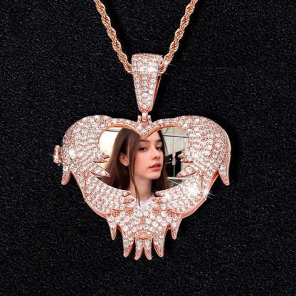 Iced Heart Locket Picture Pendant Personalized Photo Necklace