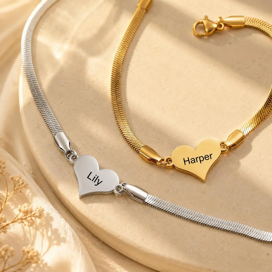 Snake Chain Custom Heart Engraved Name Bracelet