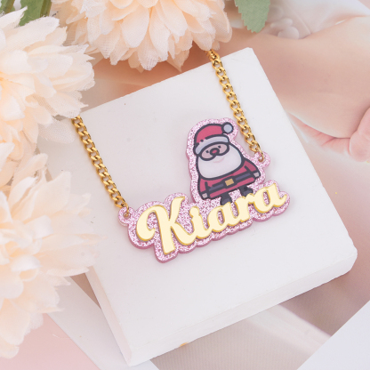 Personalized Pink Acrylic Santa Claus Name Necklace Christmas Gifts