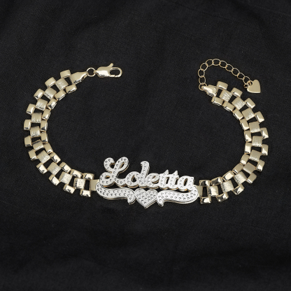 6mm Watch Band Chain Double Layer Two Tone with Heart Personalized Rolex Style Name Bracelet