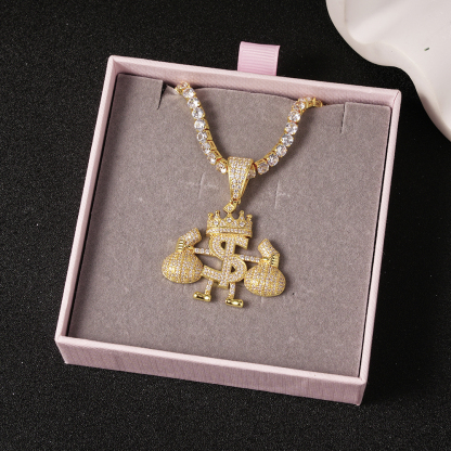 Iced Diamond Money Bag Crown Charm Pendant Gold Plated Necklace
