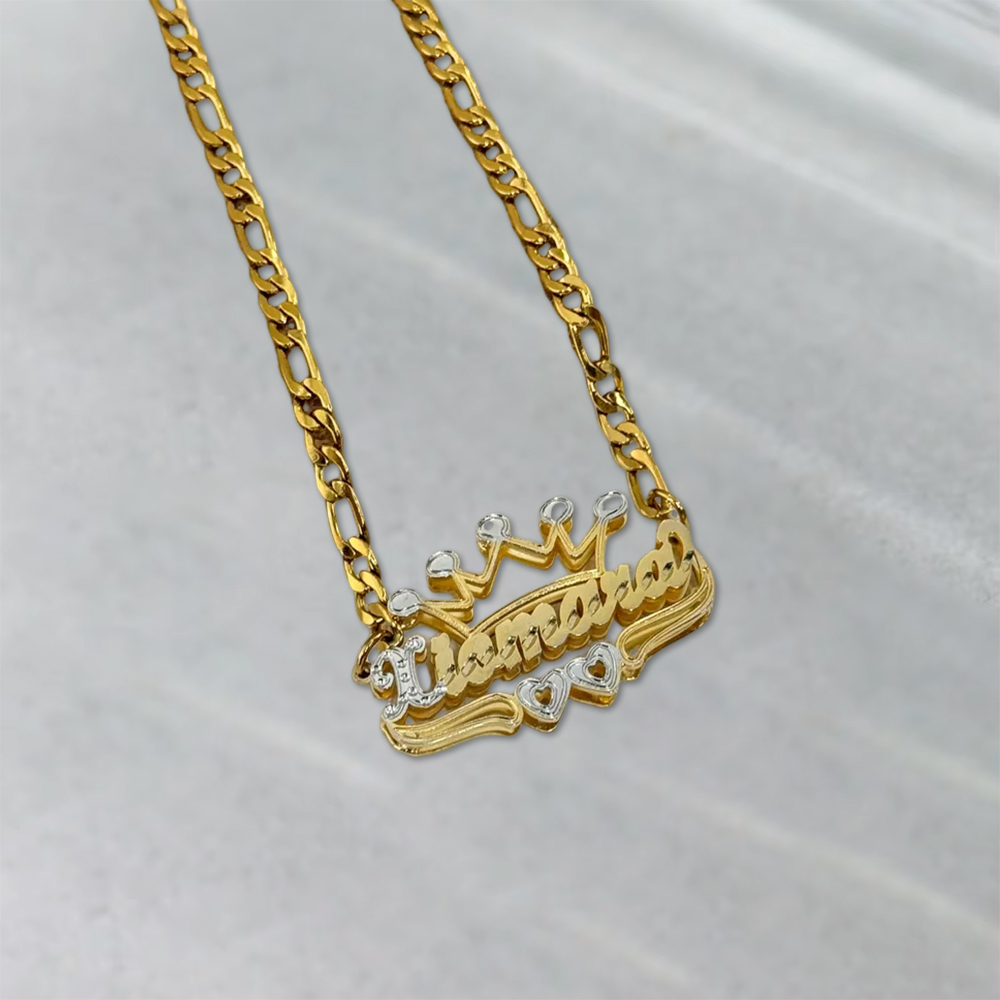 Double Layer Crown Two Hearts Nameplate Custom Name Necklace