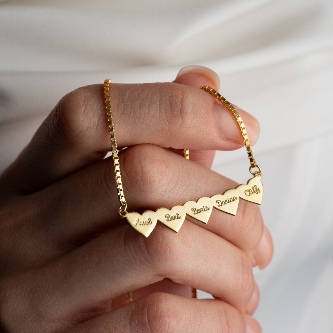 Box Chain Love Heart Family Personalized 2-6 Names Engraved Necklace